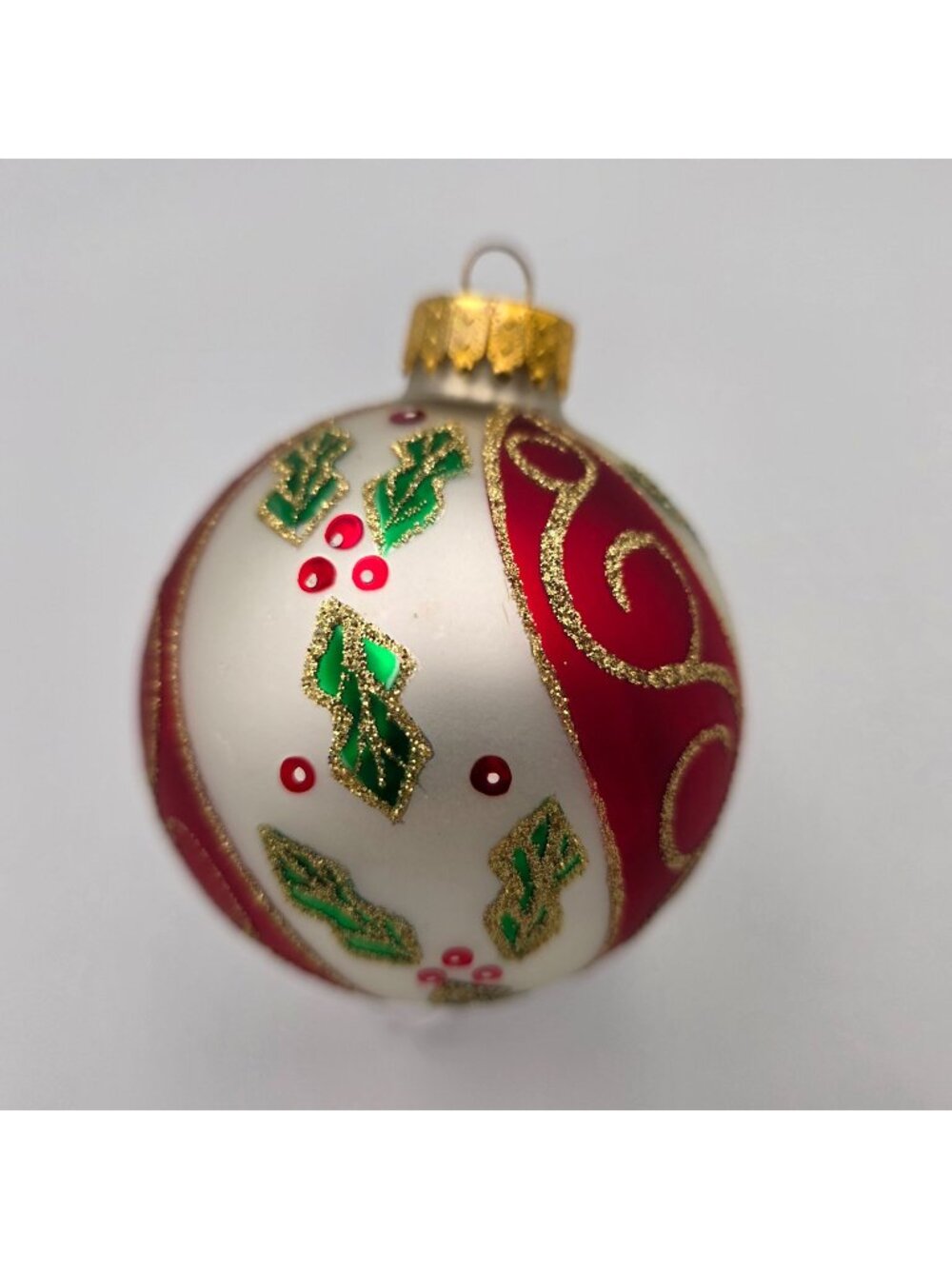 Krebs Glass Christmas Ornament With Holly & Gold Glitter Accents Red White